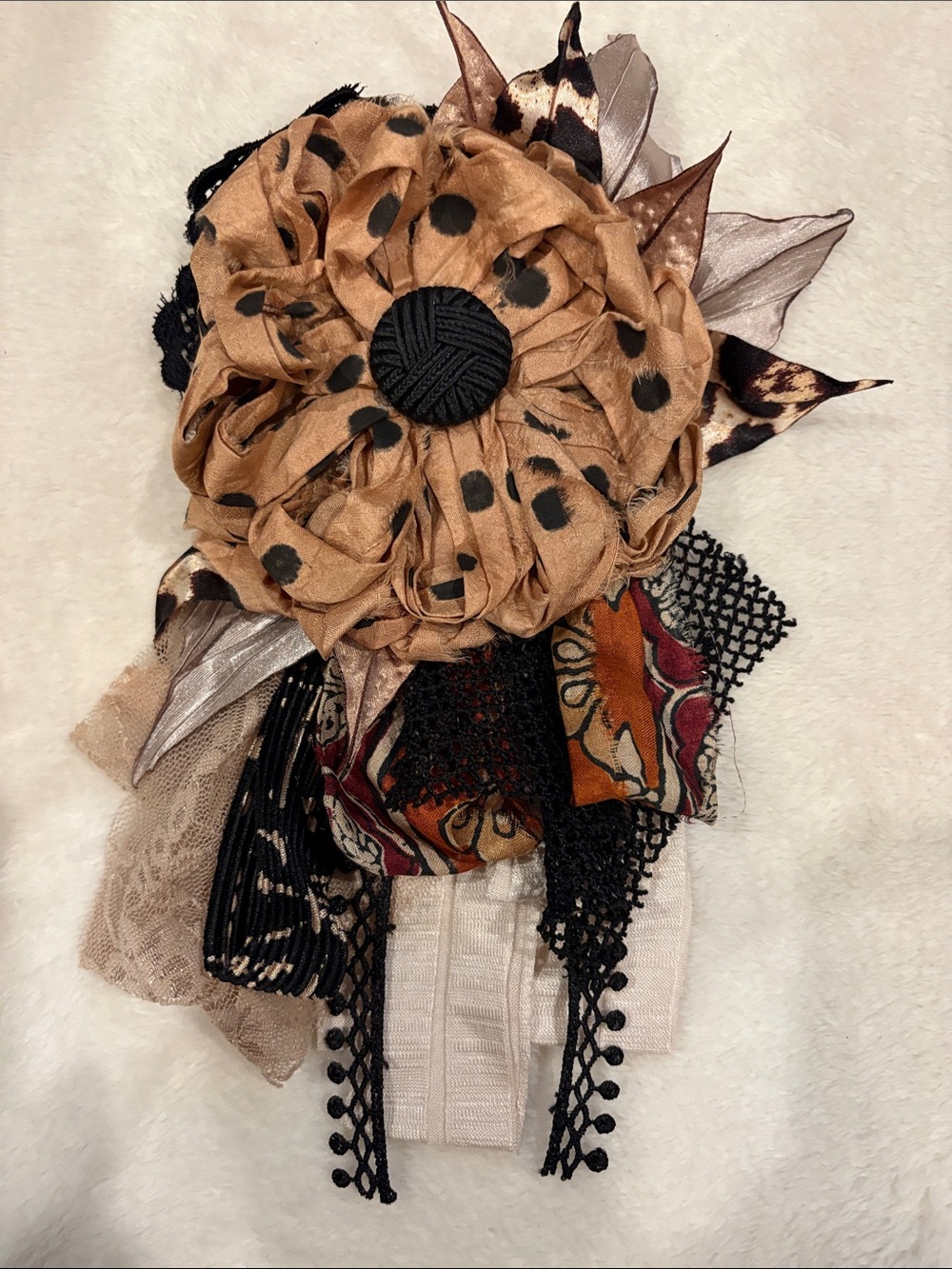 Polka Dot Tan & Black Floral Fabric Brooch Pin - Women's Accessory